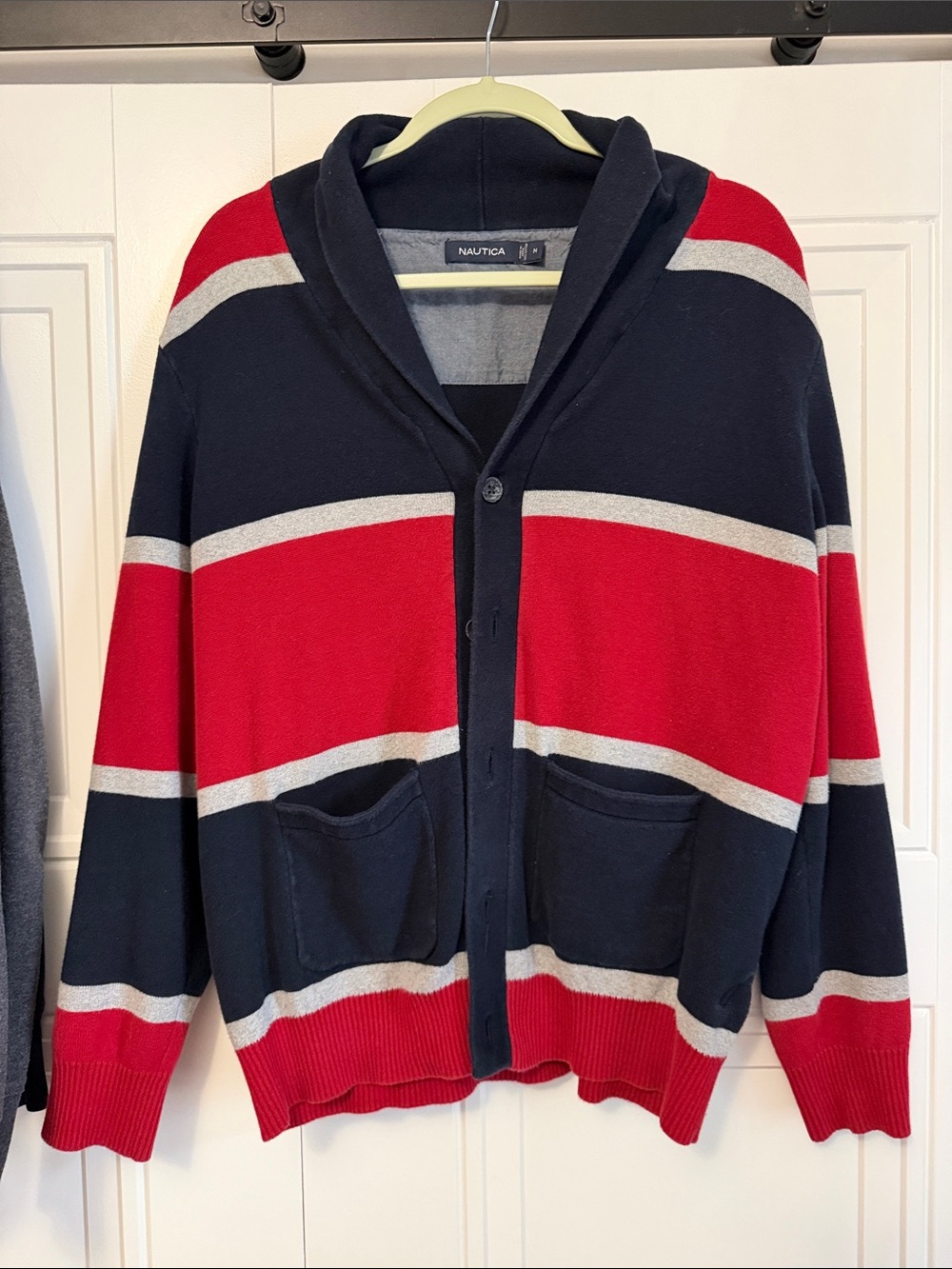 Cool Nautica Navy, Red & Gray Striped Shawl-Collar Cardigan